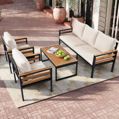 5 - Person Patio Furniture Set, Acacia Wood & Metal Frame Sectional Sofa with Removable Cushions, Modern Conversation Set for Porch, Backyard, Balcony (Beige/Gray)