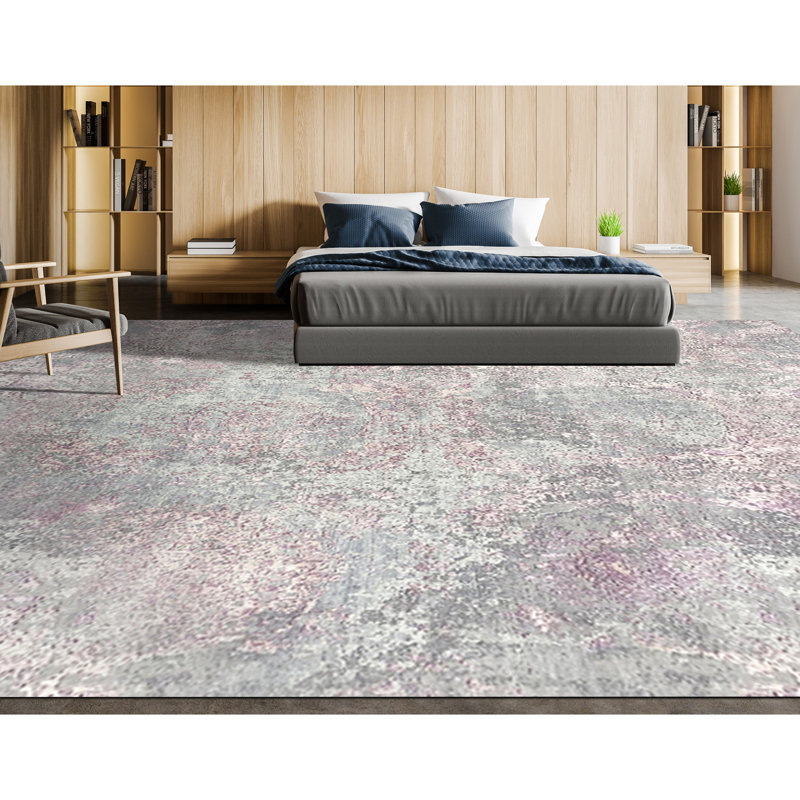 Abstract Area Rug in Gray/Pink, Rectangle 5' x 8'
