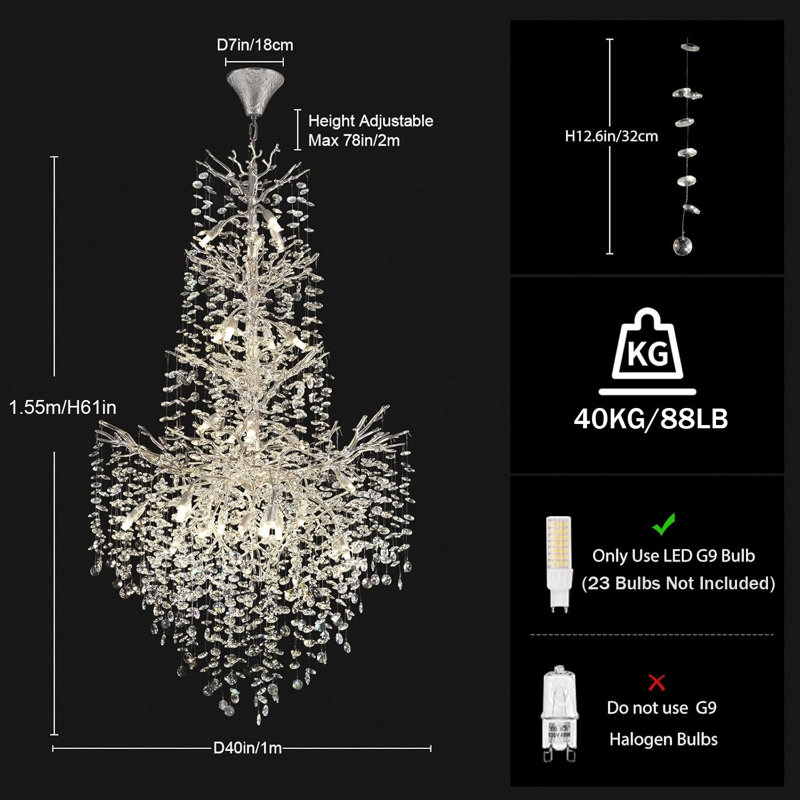 Lustre linéaire en cristal 61 po, Argent argent