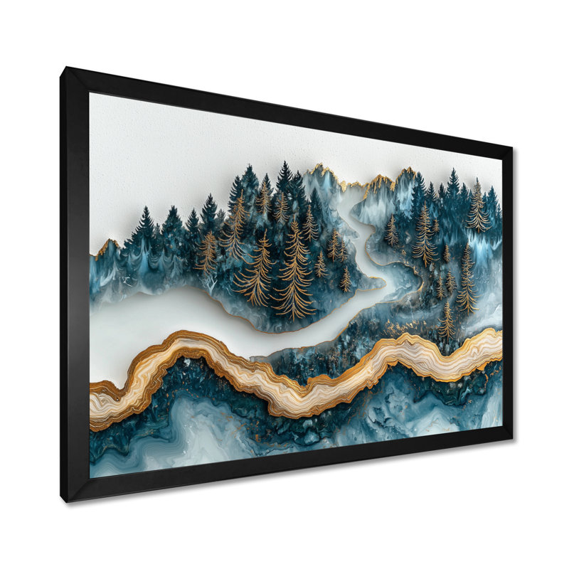 Forêt d'hiver, paysage avec rivière en cristal III - forêt, art mural, Cadre simple, H 34 po x l 44 po, Noir