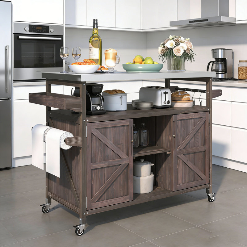 Rolling Outdoor Kitchen Island with Stainless Steel Top, Ample Storage, and Modular Design for Patio Grilling and Entertaining.