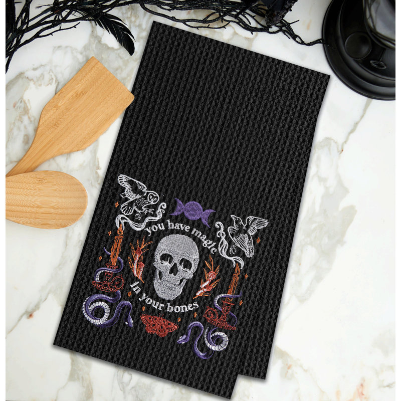Magic In Your Bones Skull Halloween Embroidered Cotton Waffle Weave Kitchen Towel