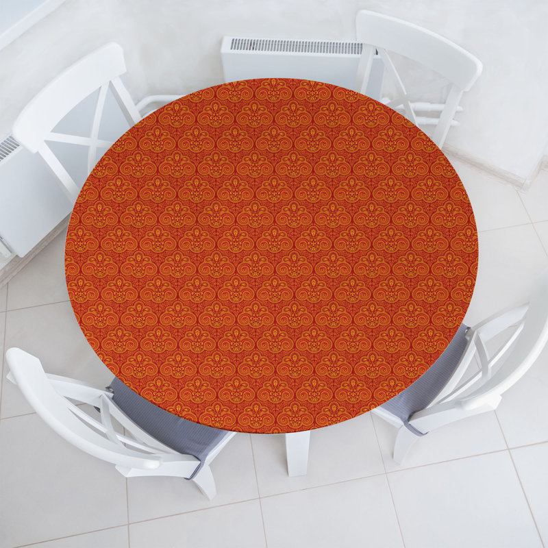 Ebern Designs Ethnic Fitted Round Tablecloth Vermilion Orange, 47.24" Round