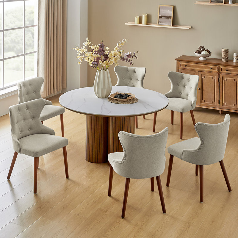 Philibert Mid-century Modern Wing Back  Dining Chair With Solid Wood Legs (Set Of 6), Ivory