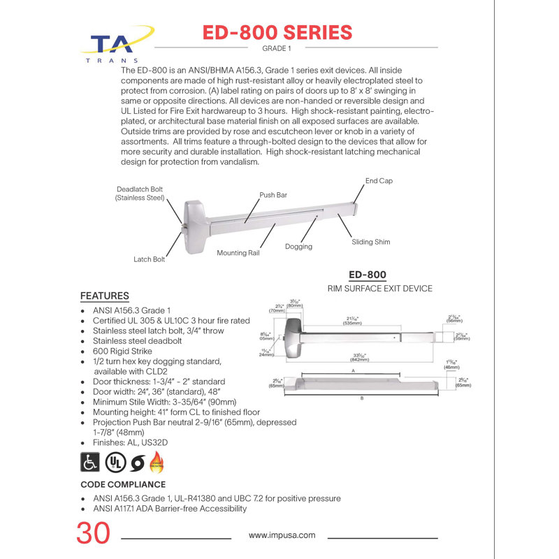 Dispositif anti-panique à rebord en aluminium 800 Series 800
