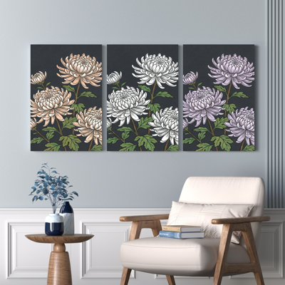 Chrysanthème motif floral sur toile tendue, ensemble de 3 reproductions de peintures à l'huile pour salon