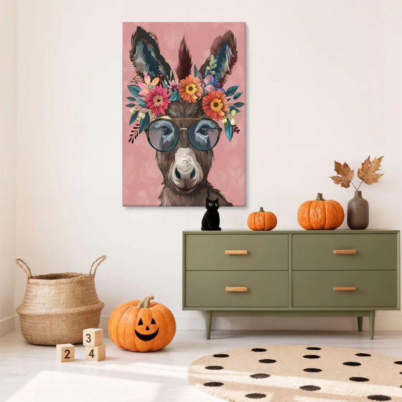 1 pièce, art mural sur toile encadrée, tête d'âne avec couronne de fleurs, verres à fleurs, aquarelle peinte à la main