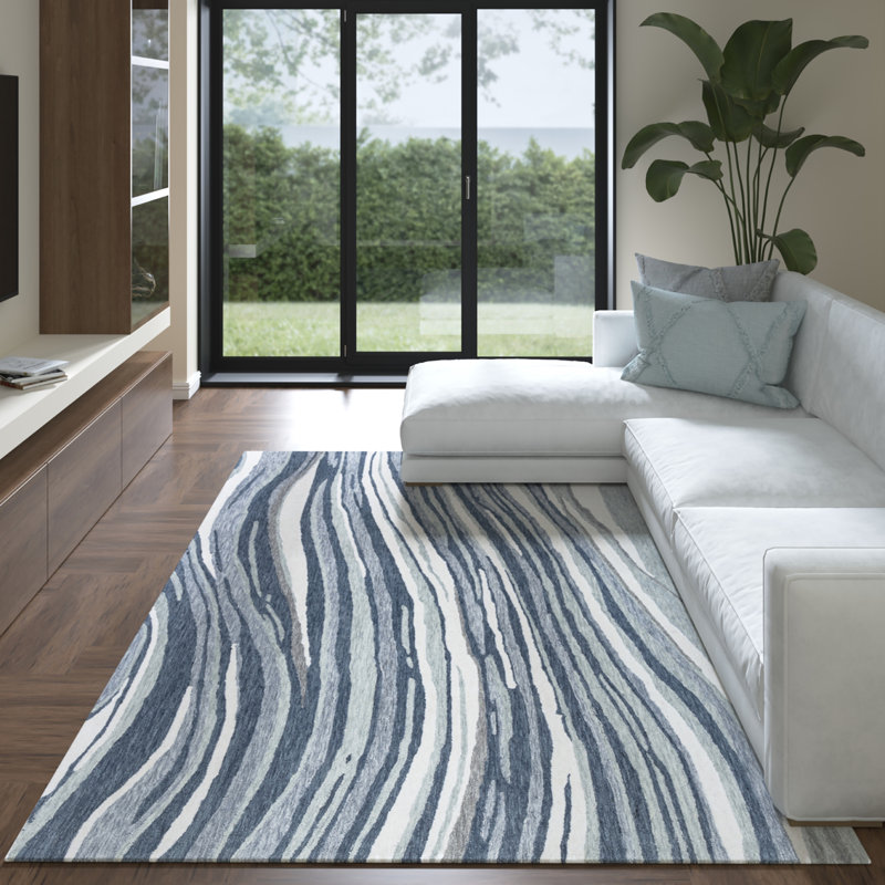 Tahoe Blue/Ivory Contemporary Abstract Hand-Tufted Wool/Cotton Indoor Area Rug, Rectangle 7'9" x 9'9"