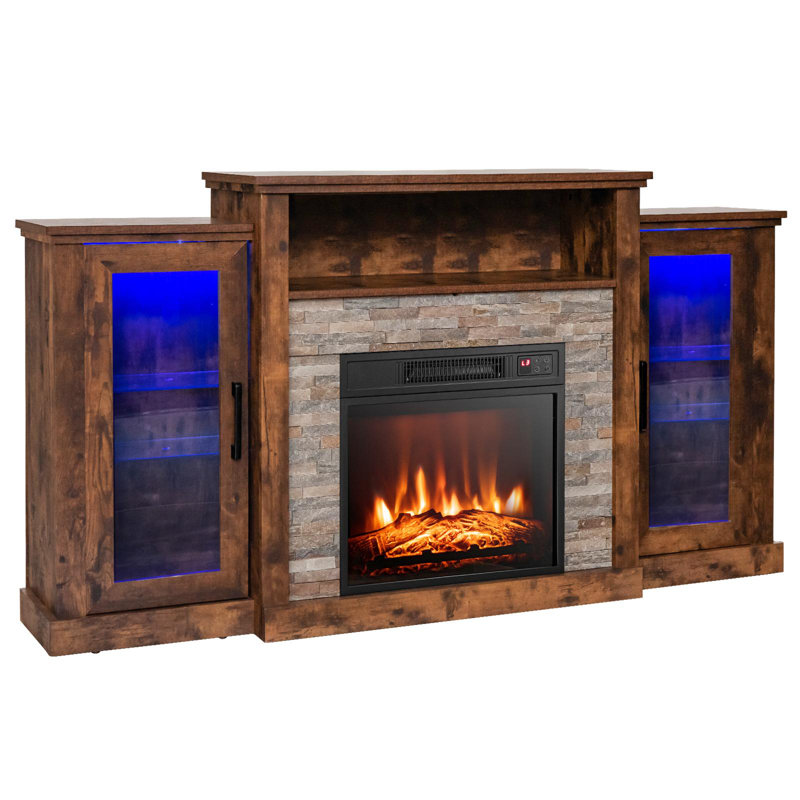 59'' W Fireplace TV Stand w/LED Lights & Smart APP Control, Entertainment Center w/18" Electric Fireplace, Brown