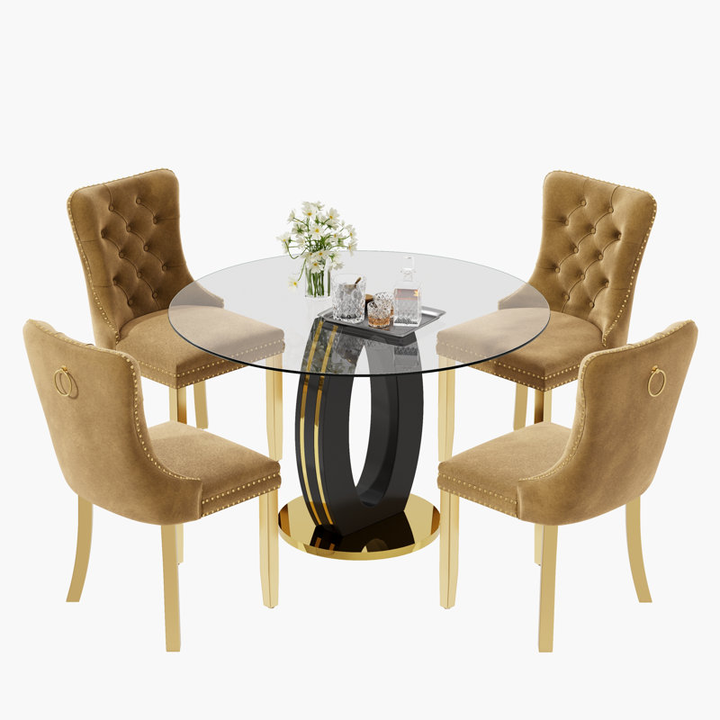 Ensemble de table de salle à manger haute brillance ronde avec 4 chaises de salle à manger en velours, Jaune, Noir et or