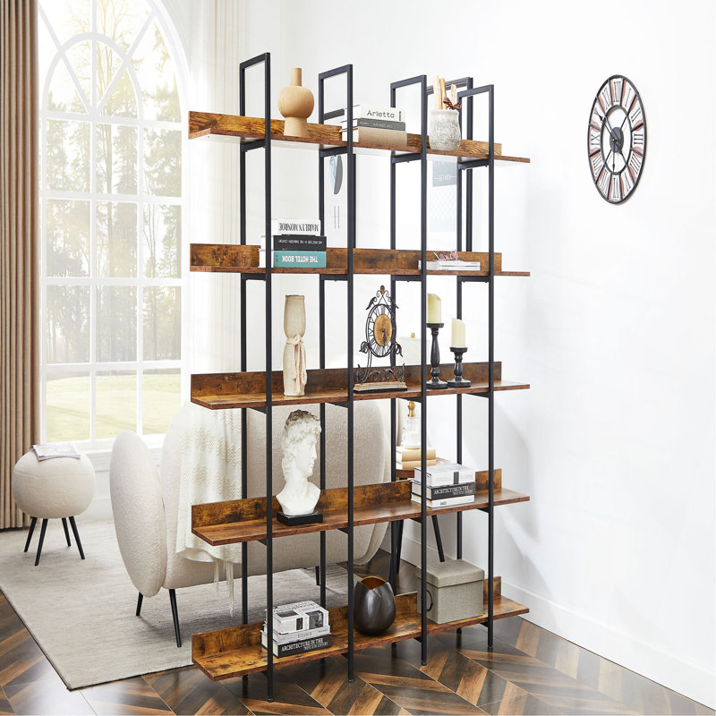 Bibliothèque à 5 niveaux avec bureau ouvert, tablette de style industriel rétro avec structure en métal, Brun