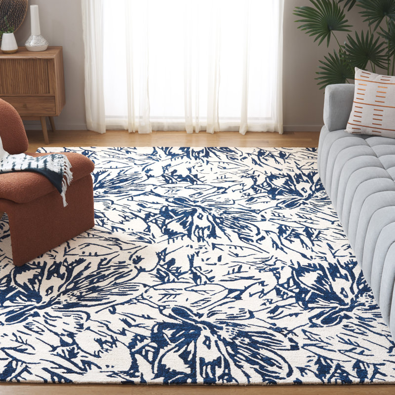 Romon Hand Tufted Wool/Cotton Floral Rug in Ivory/Blue, Rectangle 8' x 10'