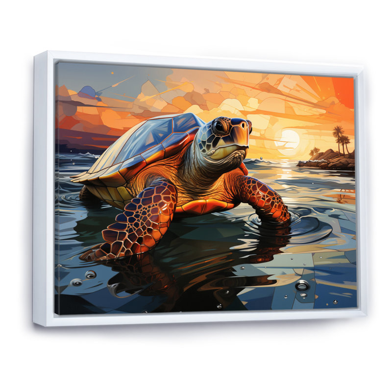 Portrait de tortue géométrique II, H 16 po x l 32 po x P 1 po, Cadre flottant blanc