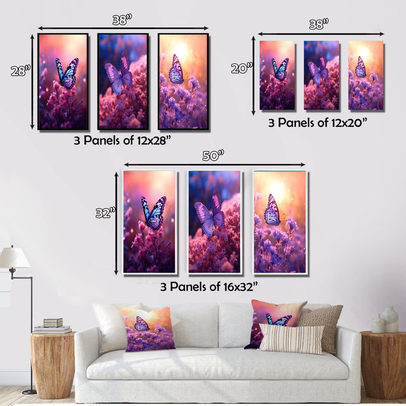 Pink Butterfly Wonderful Sunset III - Animals Butterfly Art Set Of 3 Pieces, Cadre blanc, H 32 po x l 48 po