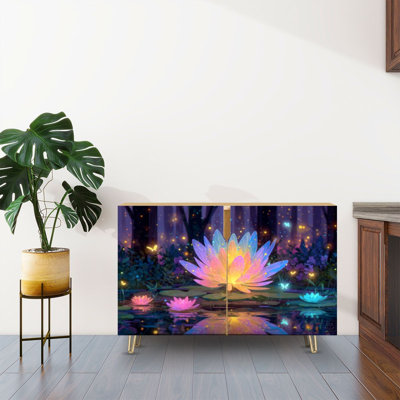 Sideboard Buffet Cabinet with Storage Glowing Lotus Flower Forest Neon Colors Magical Light Effects with 2 Doors for Living Room and Kitchen