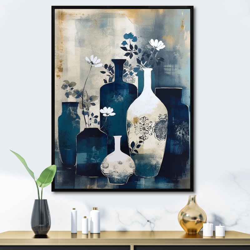 Art mural bleu et crème fantaisiste en argile II - Boho Pottery, H 44 po x l 34 po, Cadre flottant noir