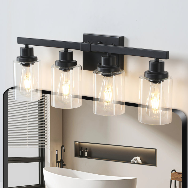 Luminaire de meuble-lavabo moderne 24 po à 4 lumières 24 po, applique murale industrielle avec abat-jour en verre transparent pour miroir, salle de bain, chambre à coucher et couloir (sans ampoules)