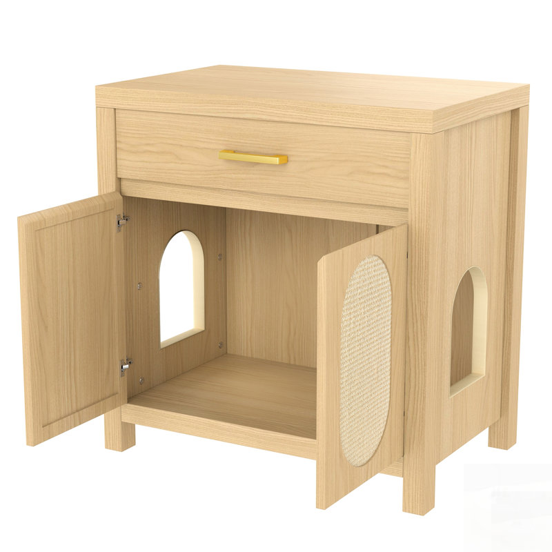 Enceinte de litière pour chat avec portes à griffes et rangement, mobilier pour animaux multifonctionnel, Naturel