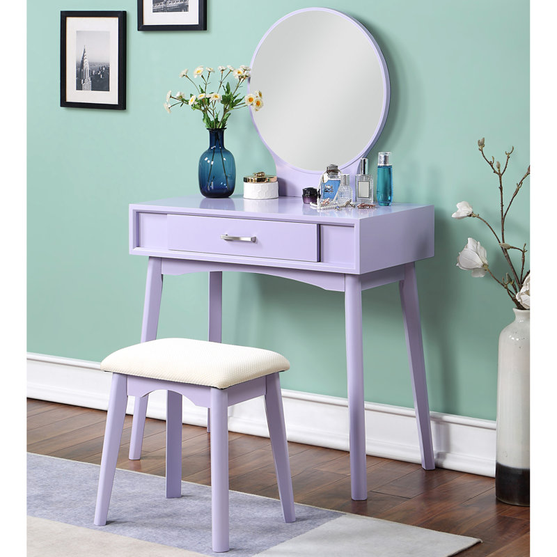 Meuble-lavabo et tabouret mauve moderne - structure en bois d'hévéa massif, table de l 31,5 po x P 16,1 po et H 30,24 po, idéal pour le rangement de maquillage