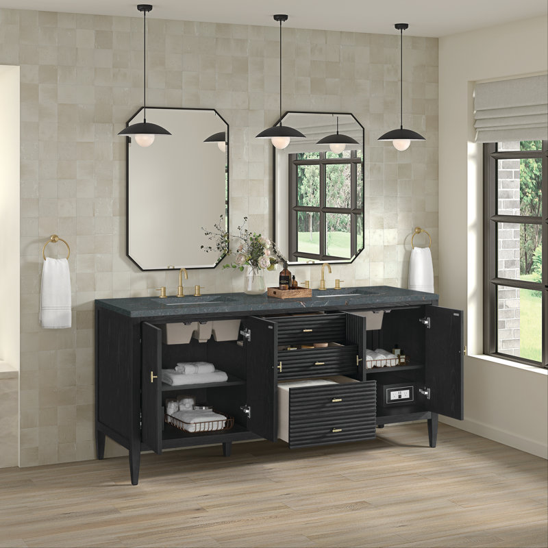 Myrrin 72'' W Double Vanity, Carbon Oak, Parisian Blue, 8" Widespread