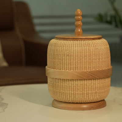 Panier de rangement circulaire en rotin tissé à la main avec couvercle Nantucket
