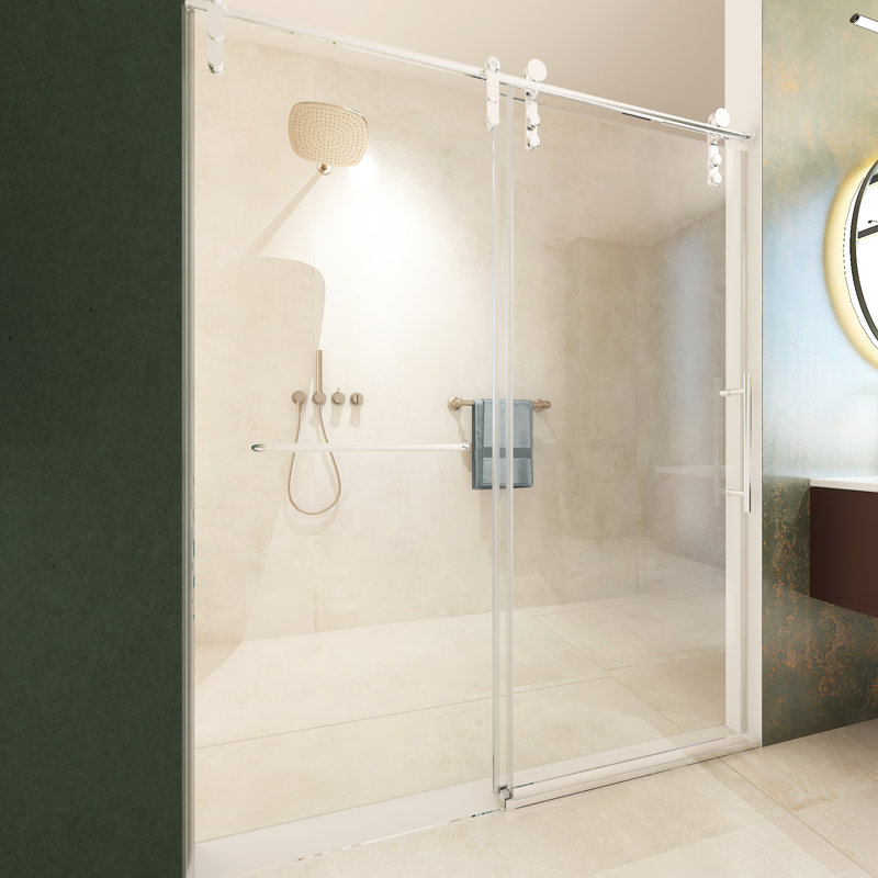 Porte de douche de salle de bain, l 56 à 60 po x H 70 po, verre trempé de 8 mm, porte coulissante en nickel brossé et en verre épais imperméable, barre à serviettes coulissante, couche de nettoyage double face et tampon moderne