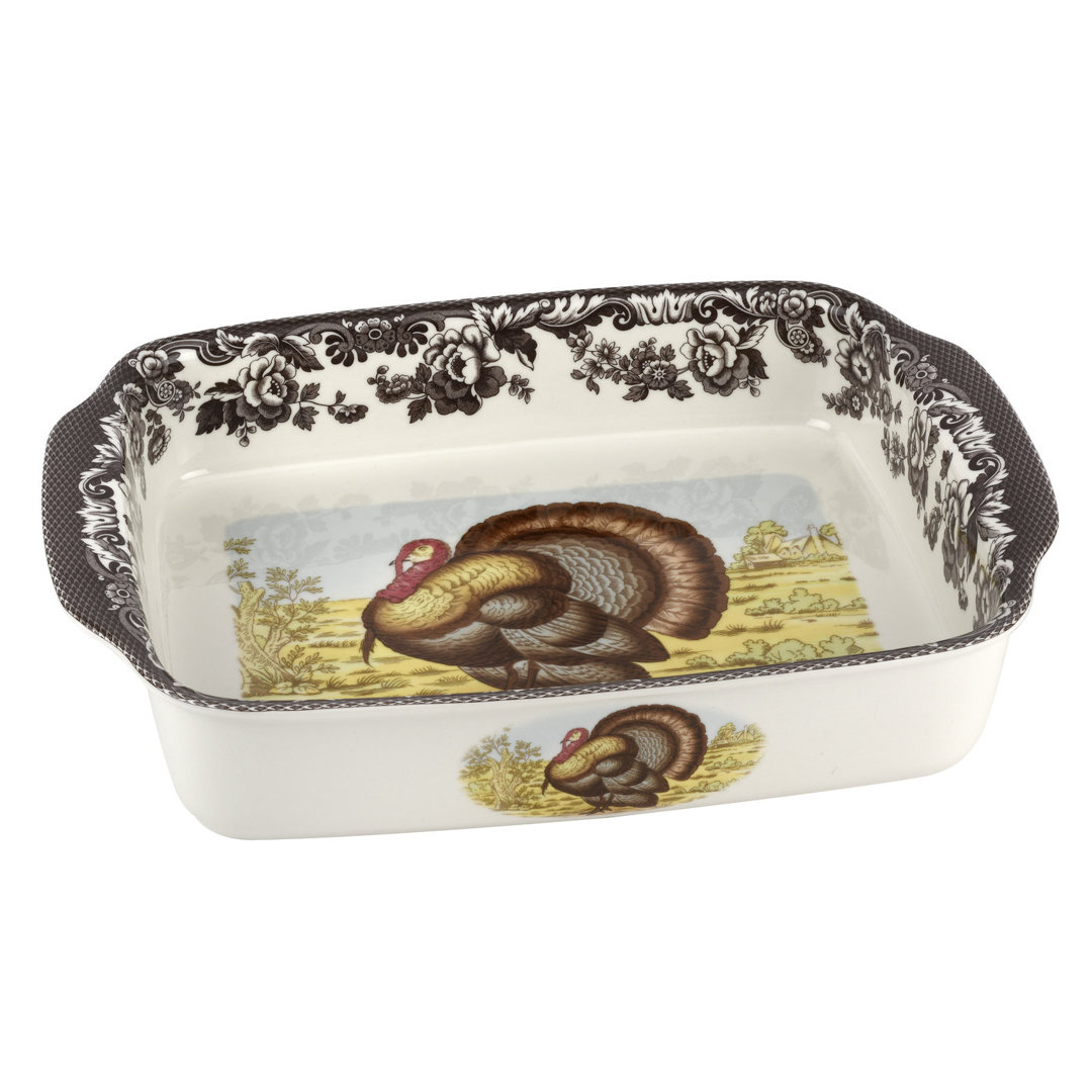 Spode Woodland Turkey Handled Lasagne Turkey 15X12" Spode