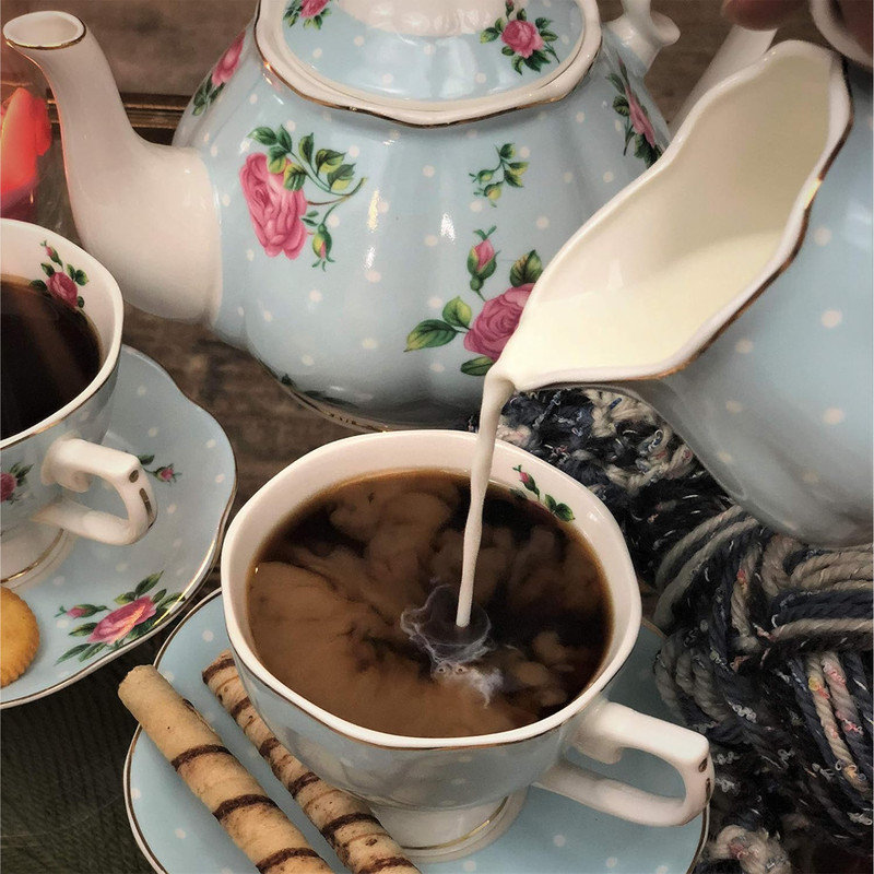Floral Blue Porcelain Tea Set with Cups and Saucers