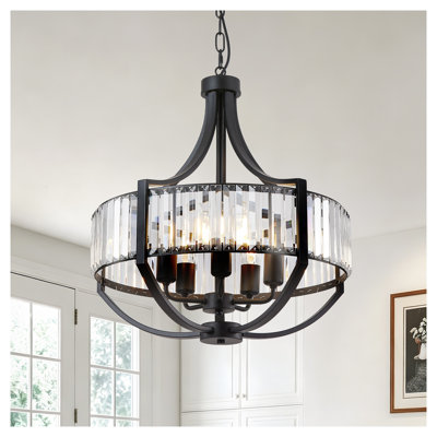 Lustre moderne de style ferme à 5 lumières en cristal de 50 cm (20 po), suspension ronde en fer noir pour salle à manger, îlot de cuisine, salon et chambre.