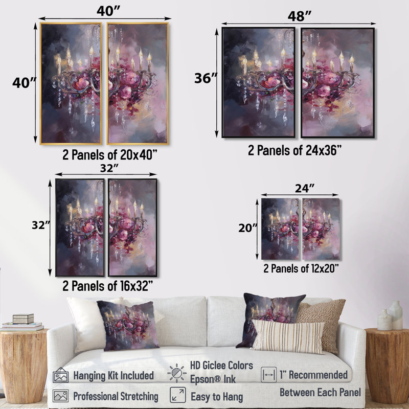 Élégant lustre floral I - grand lustre, art mural sur toile, Impression encadrée flottante, Noir, H 36 po x l 48 po