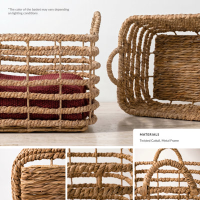 Hand-Woven Natural Cattail Wicker Rectangular Storage Basket with Handles
