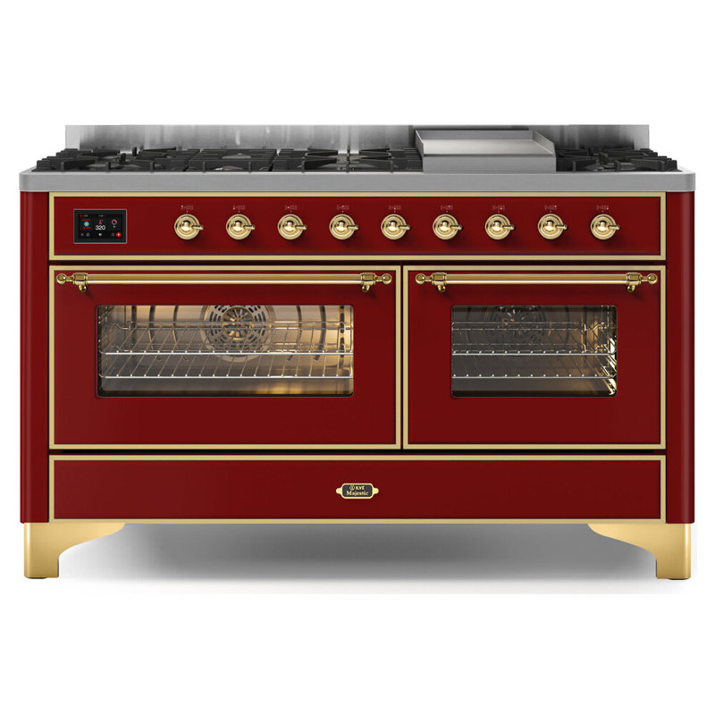 ILVE UM15FDNS3BGG Majestic II 60 inch Dual Fuel Range with 9 Burners, Griddle (Natural Gas, Triple Glass Door, Blue Grey, Brass)