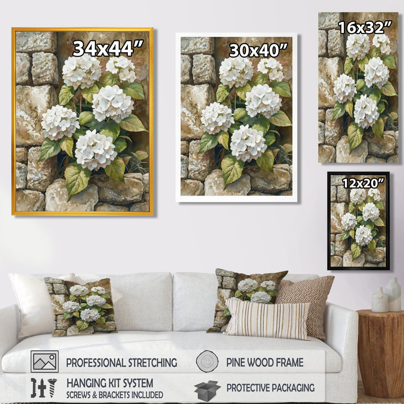 «Hydrangeas By The Stone Wall» - impression sur toile d'hortensias, Reproduction avec cadre flottant, H 20 po x l 12 po