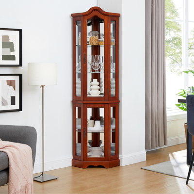 Corner Cabinet With Lights - Walnut Adjustable Glass Shelving Mirrored Finish Shelf Curio