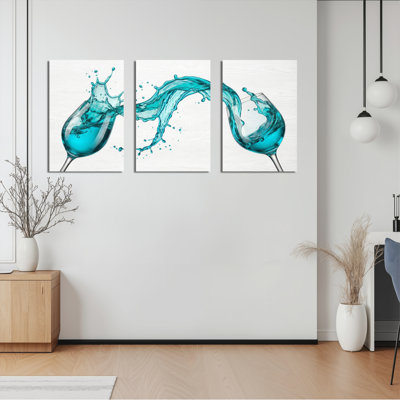 Ensemble de 3 tableaux sur toile tendue représentant des éclaboussures d'eau bleue dans des verres à vin, pour la décoration du salon, de la cuisine et de la chambre.