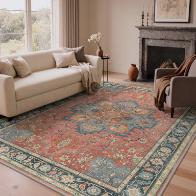 Tapis oriental rouille / bleu marine 6 pi x 9 pi Roehit, lavable à la machine