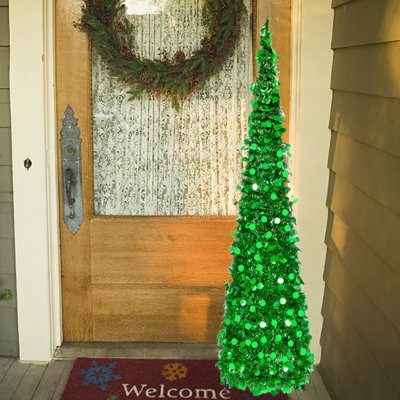 5 FT Artificial Pencil Christmas Tree, Green Tinsel Xmas Tree, Collapsible Holiday Decor for Home Office, Easy Assembly & Storage