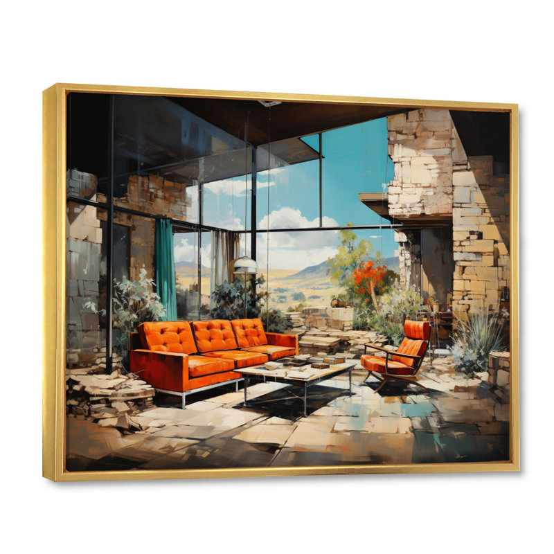 Corail beige Mid-Century audacieux et encadré sur toile, H 24 po x l 32 po x P 1 po, Cadre flottant doré
