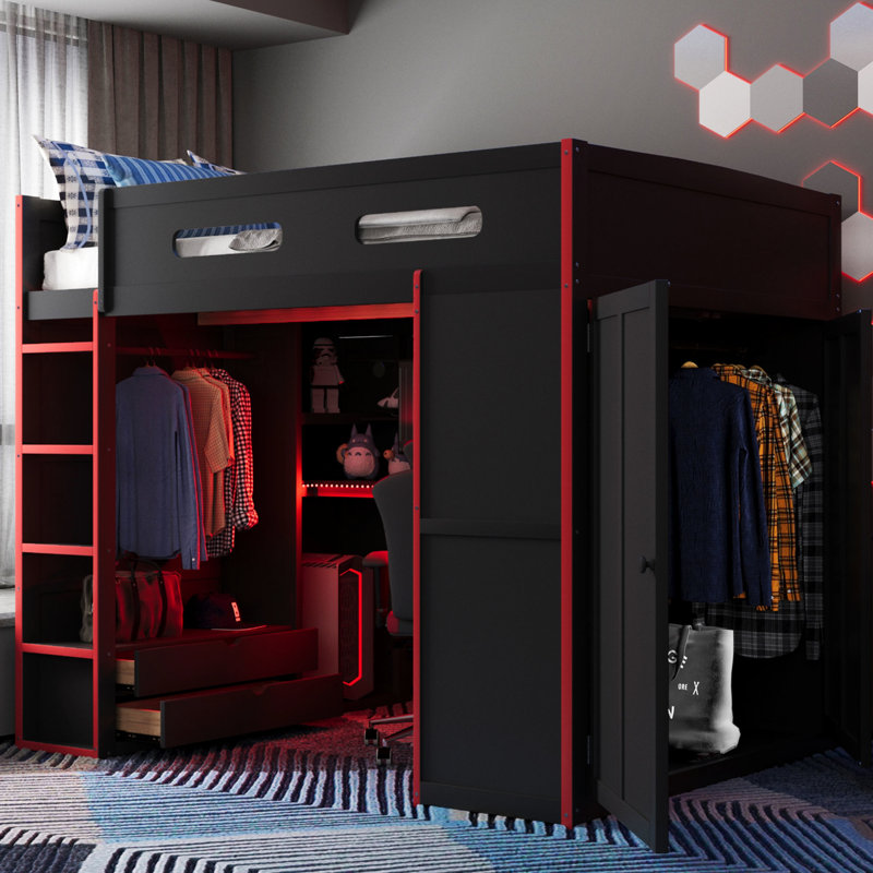 Red Full Size Gamer Loft Bed With Desk, , And Storage Shelves For Personal Belongings Cable Management Pc Tower, Red