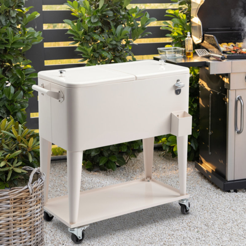 Chariot à glaçons extérieur crème 3-en-1 avec ouvre-bouteille et tablette de rangement, Blanc