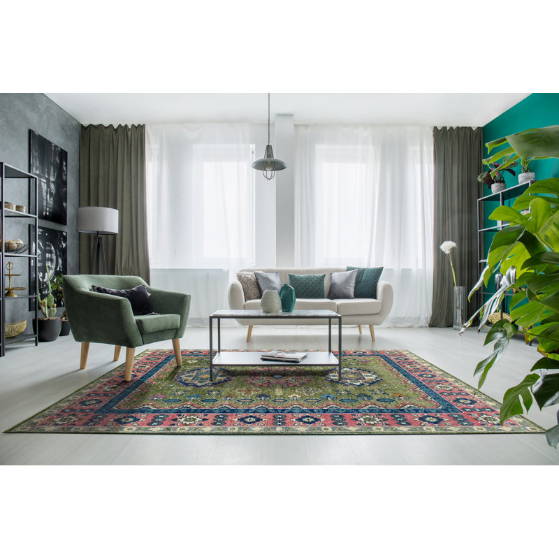 Tapis vert traditionnel en laine noué à la main vert, Vert clair, Rectangle 9 pi x 12 pi