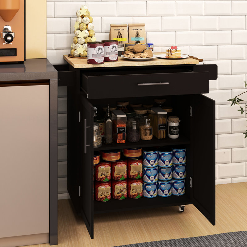 Rolling Trolley Kitchen Island With 1 Drawer & 2 Doors, Adjustable Shelves, Towel Rack Dividers And Pocket, Seasoning Rack, Black Rubber Wood Tabletop Cart Drawer, Slots Shelf,