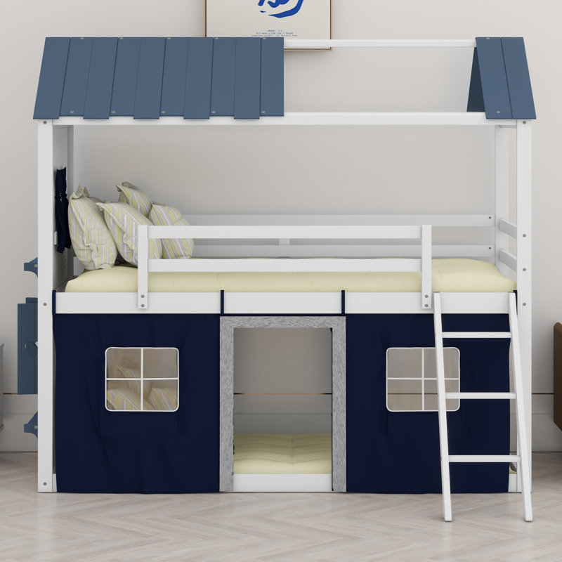 Bunk Wood House Bed With Elegant Windows, White/Blue