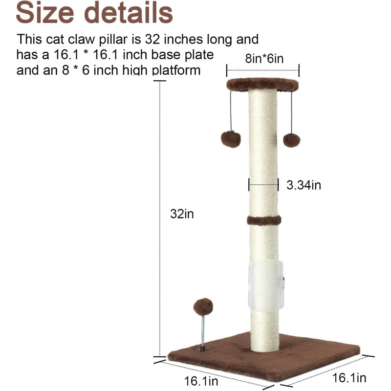 32" Tall Sisal Rope Cat Scratching Post with Hanging Ball and Brush