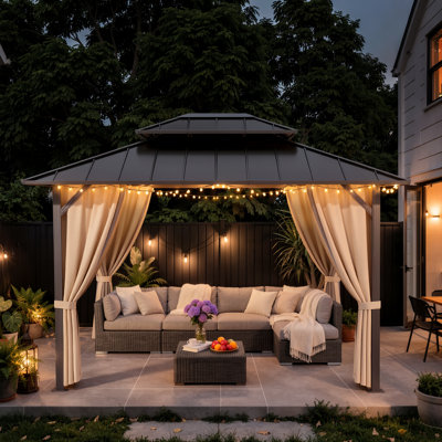 12 pi. L 10 pi. D Pavillon de jardin d'extérieur, structure en aluminium robuste avec double toit, pavillon permanent avec rideaux d'intimité et moustiquaire, pavillon permanent avec filet et rideaux pour pelouse, jardin, patio