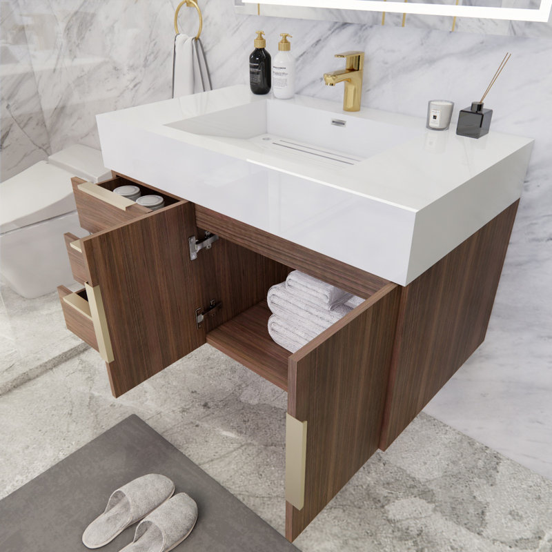 Richey 35.4'' Single Bathroom Vanity with Plastic Top, Rosewood, White