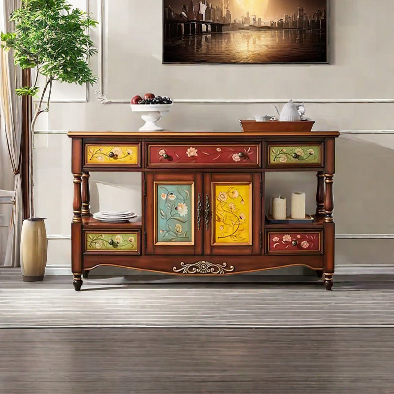 Five drawer painted multi-function accent chest, Brown/Yellow/Green