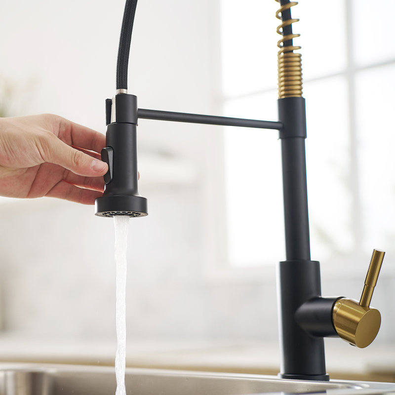 Commercial Black And Nickel Gold Kitchen Faucet With Pull Out Sprayer, Single Handle Singlaucet, Beige/Gold
