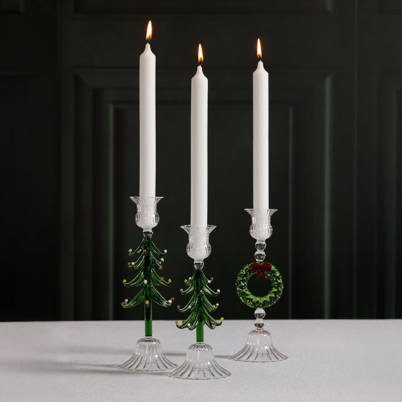 Holiday Tree Taper Candle Holders, Set of 4, 8.25" H x 3.25" W x 3.25" D, Clear/Green