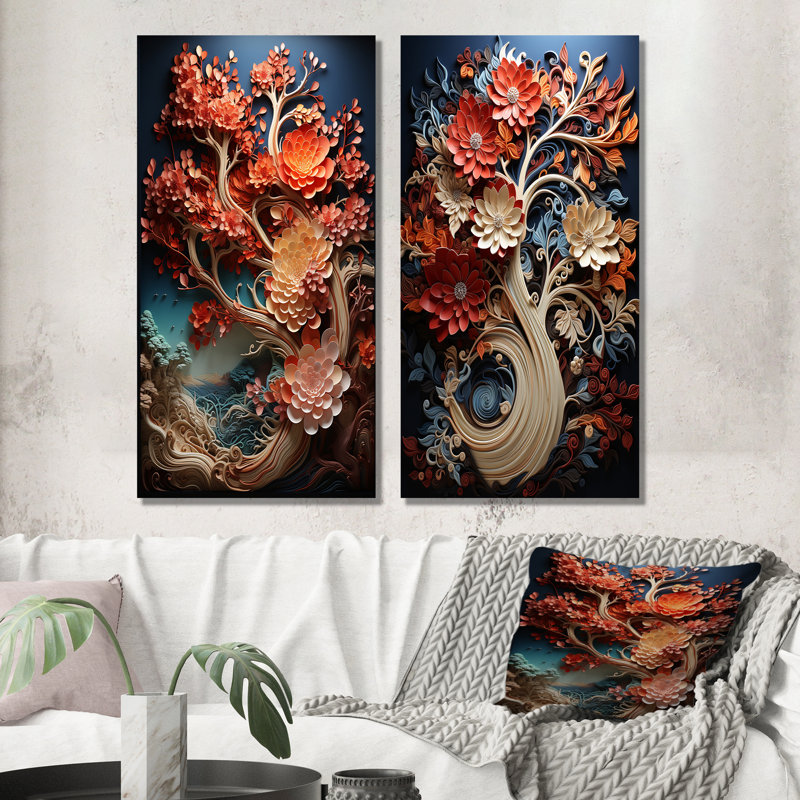 Coral Organic Tree Harmony - Ensemble de 2 décorations murales séquoia, H 28 po x l 25 po, Toile tendue